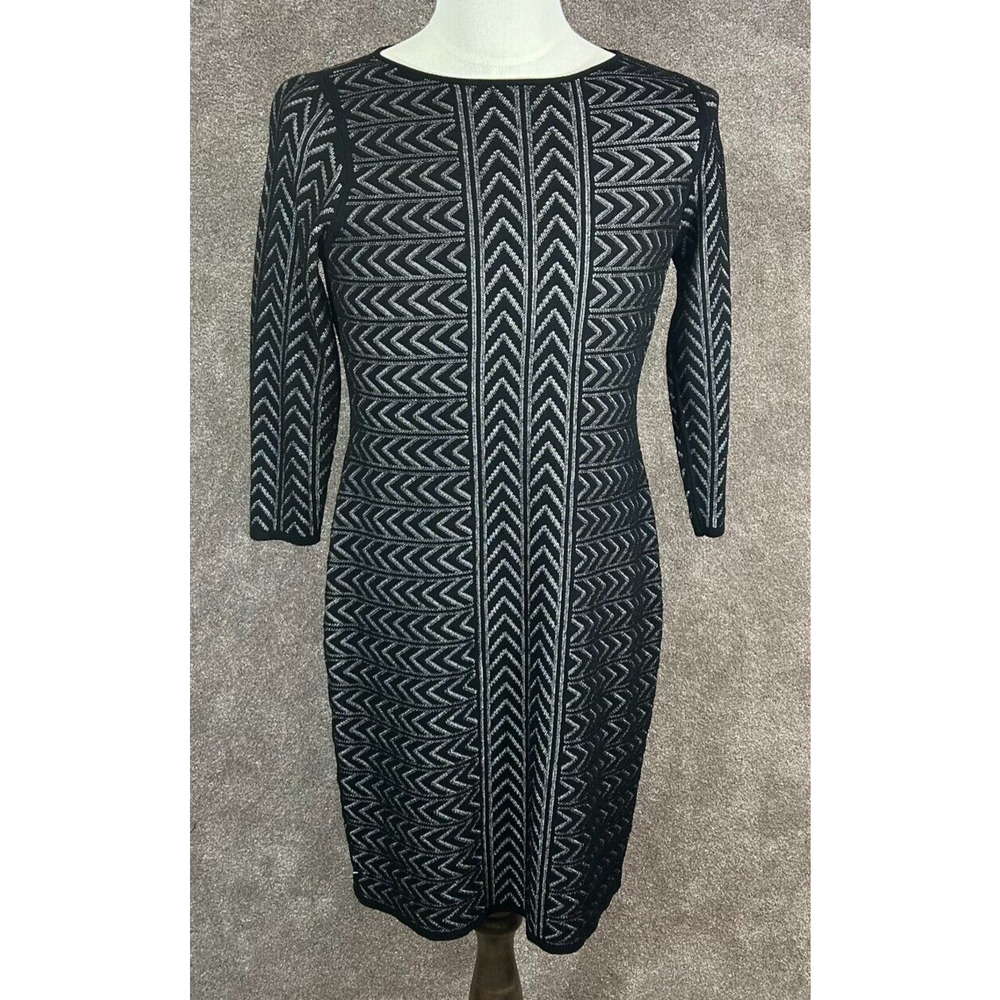 Calvin Klein Dress Large Knee Length Black Chevron Bodycon‎ Sweater Pullover